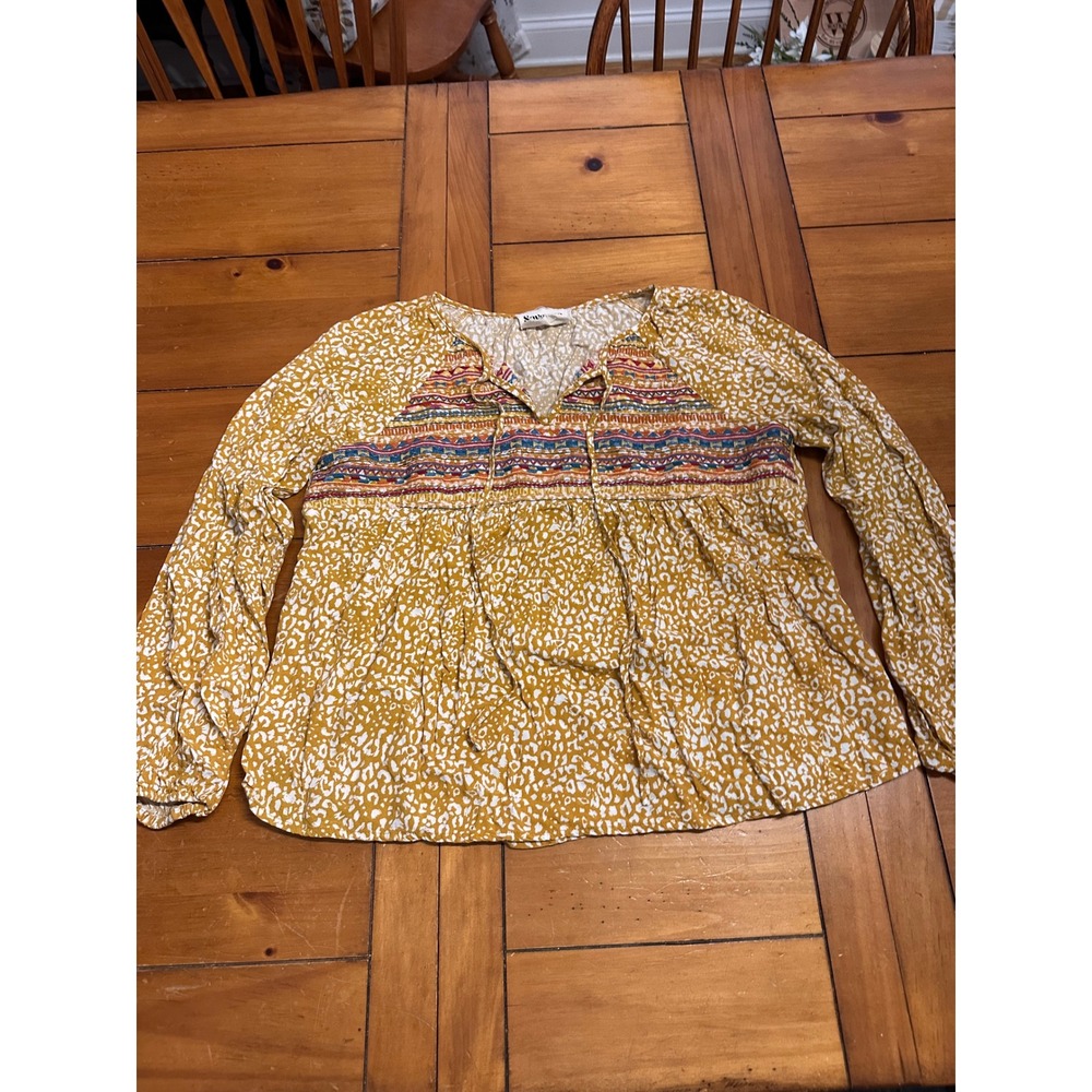 Savanna Jane Mustard Yellow Leopard Embroidered Boho Babydoll Top Blouse L 17928 - Picture 2 of 8